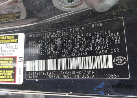 2020 Toyota Camry Le из США, поврежденный, VIN 4T1C11AK0LU368459